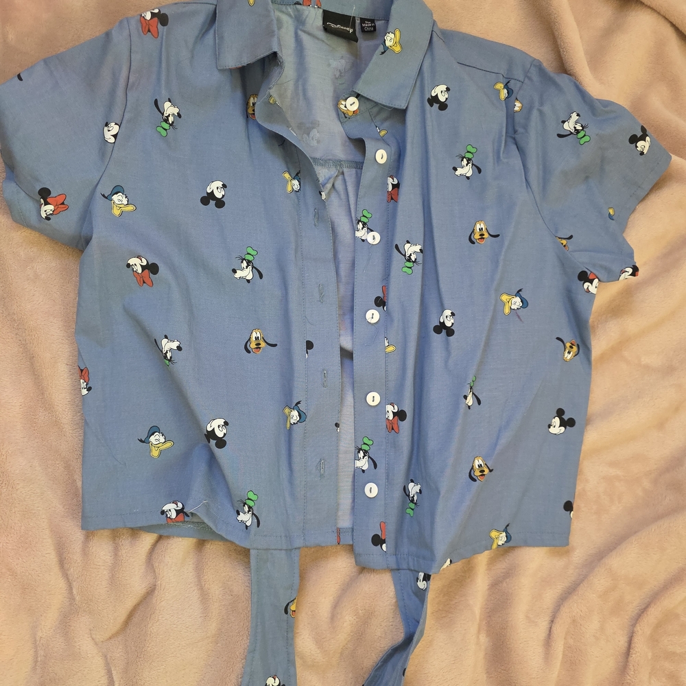 Disney Light Blue Character Button-Front Tie Shirt
